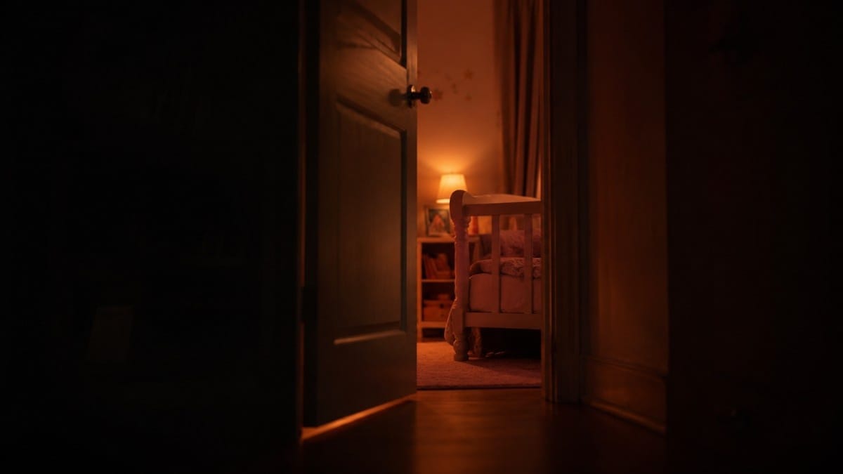 Cozy bedroom at night with a softly lit bedside lamp viewed through a partially open door.