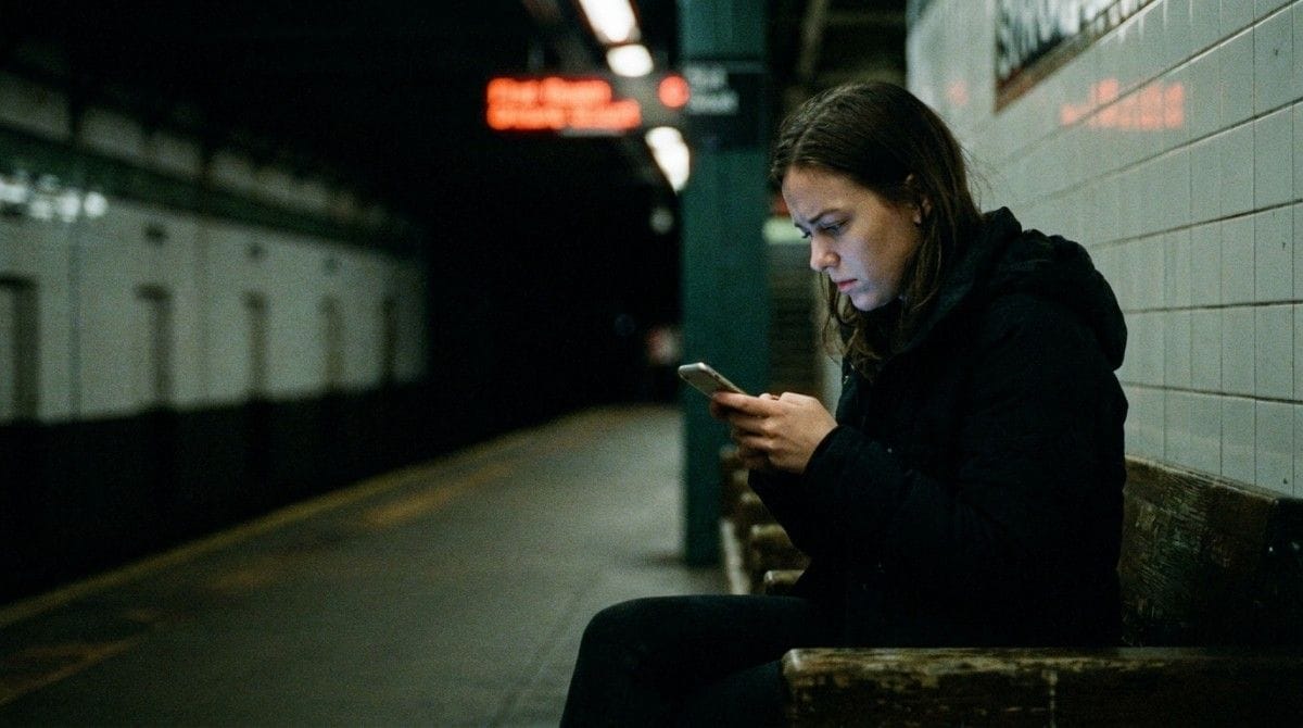 Person sitting alone on a subway platform looking anxiously at a smartphone while waiting for a message.