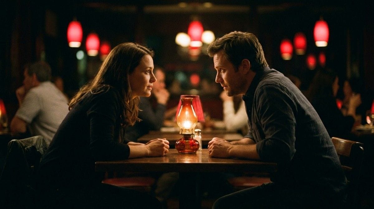 Couple having a serious face-to-face conversation across a restaurant table under warm lighting.