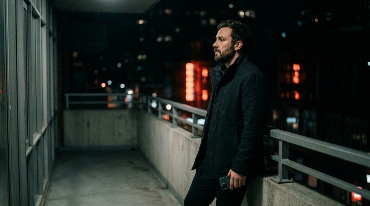 Man standing on a balcony at night holding a phone and looking into the distance with city lights in the background.