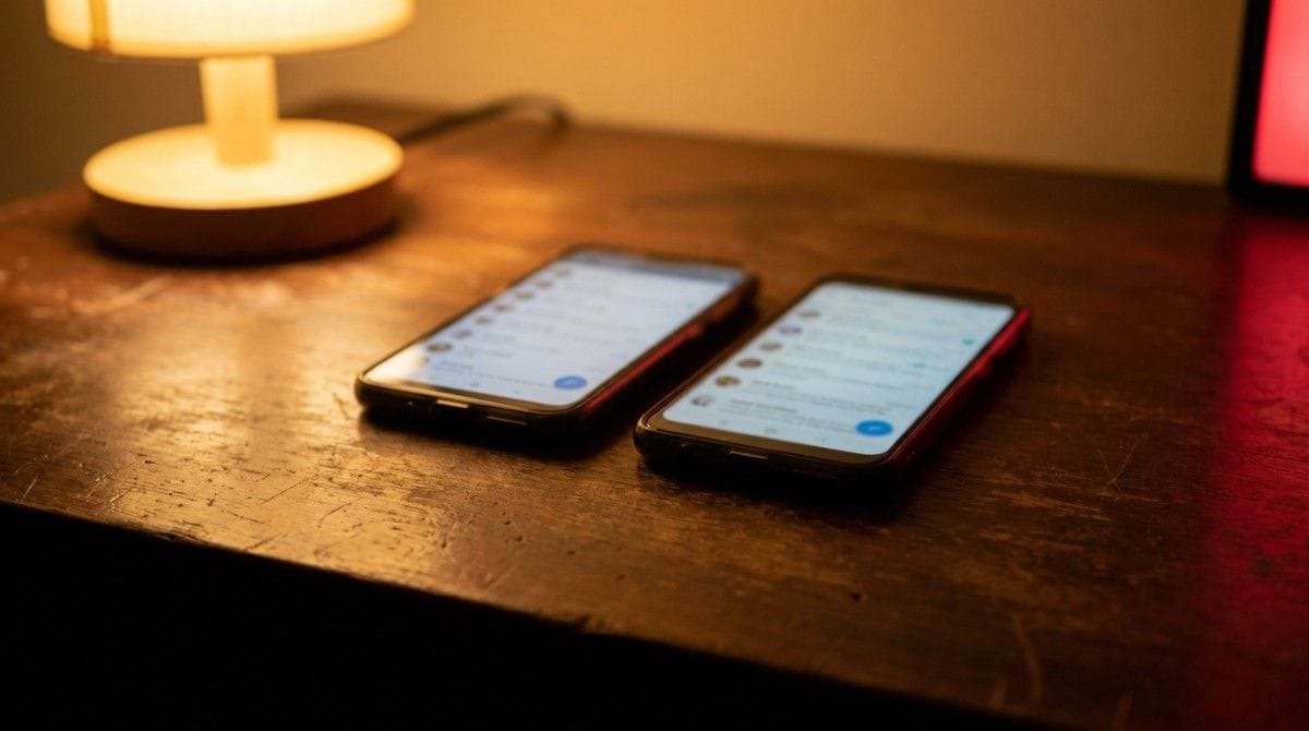 Two smartphones displaying messaging apps on a wooden table beside a lit lamp in a cozy room.