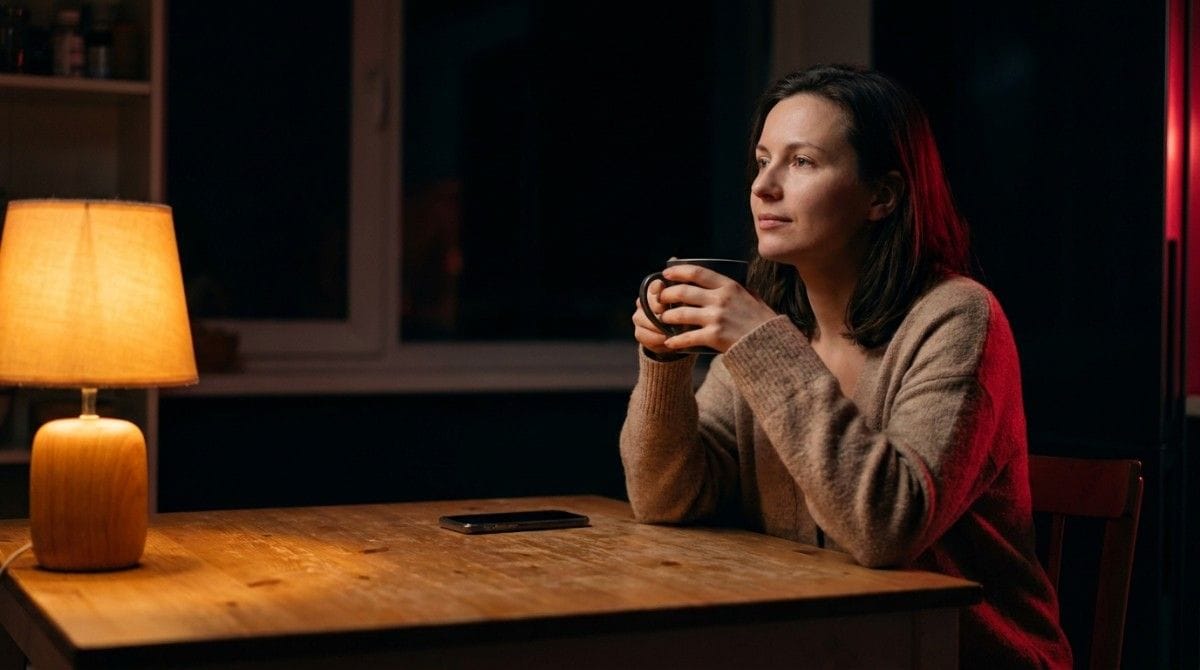 Woman sitting at a table holding a mug and looking thoughtfully into the distance, with a phone resting nearby.