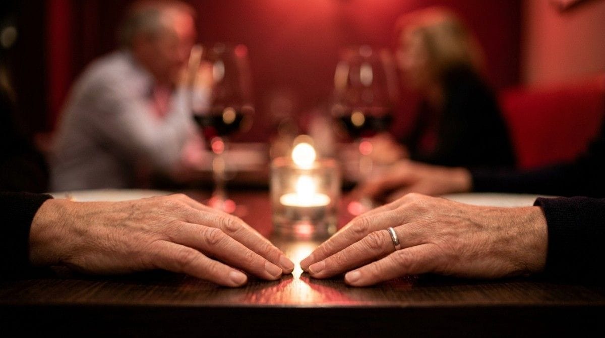 Two people sitting across a candlelit table with their hands resting close together during an intimate conversation.