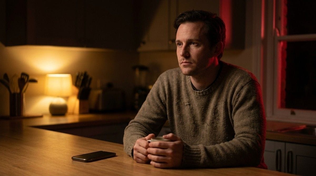 Man sitting alone at a kitchen table holding a mug with a smartphone nearby, appearing deep in thought.