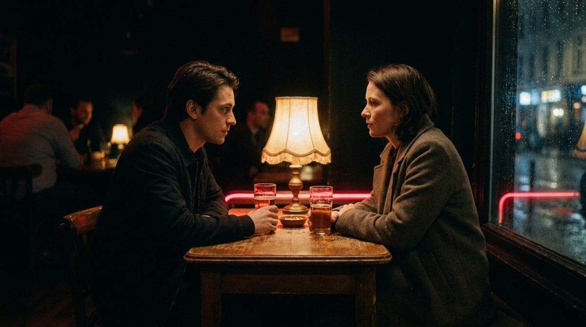 Two people sitting across from each other at a softly lit café table, engaged in a serious conversation.