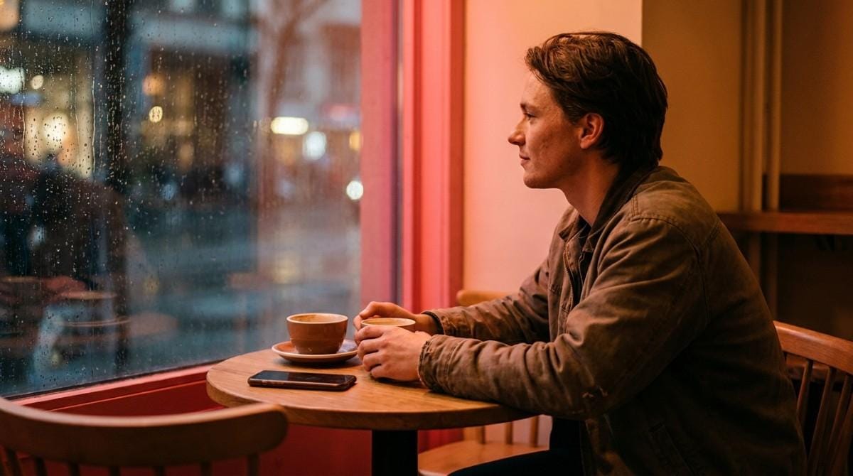 Person sitting in a café by a rainy window, holding a coffee and looking outside with a phone on the table.