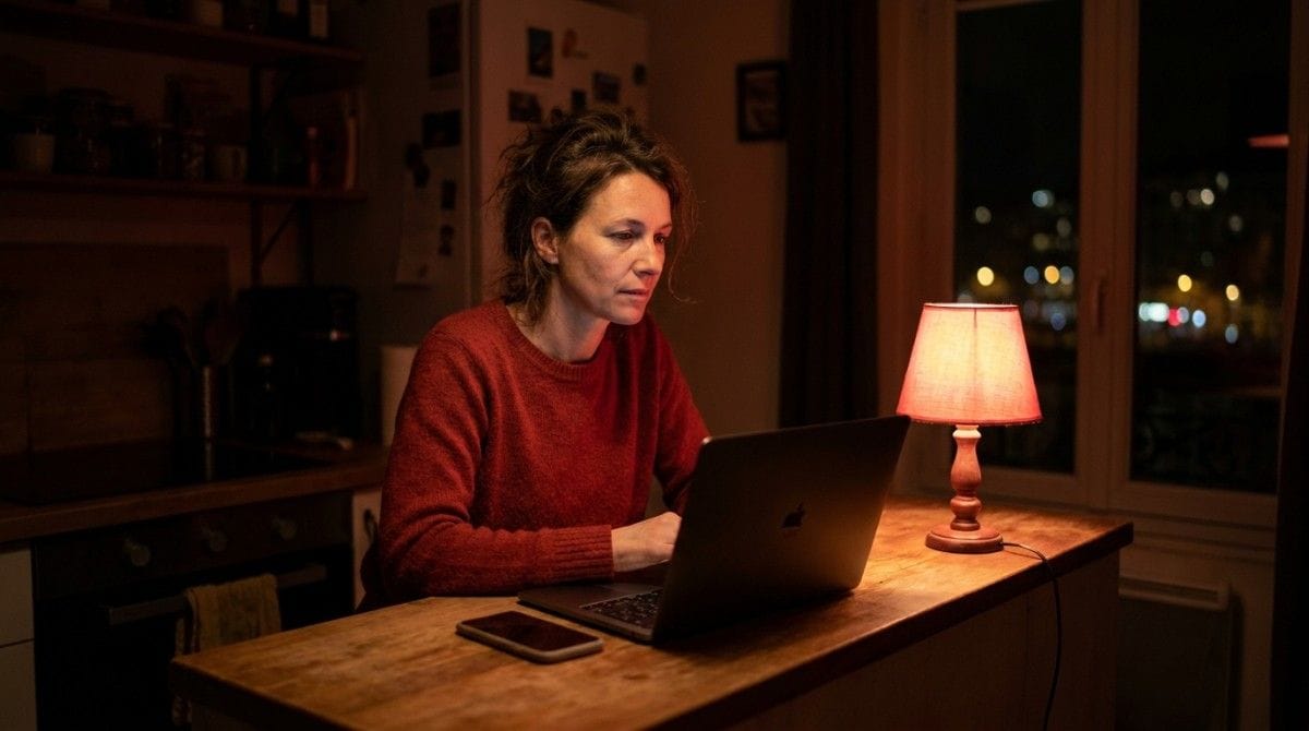 Person working on a laptop at night with a smartphone on the table in a cozy home.