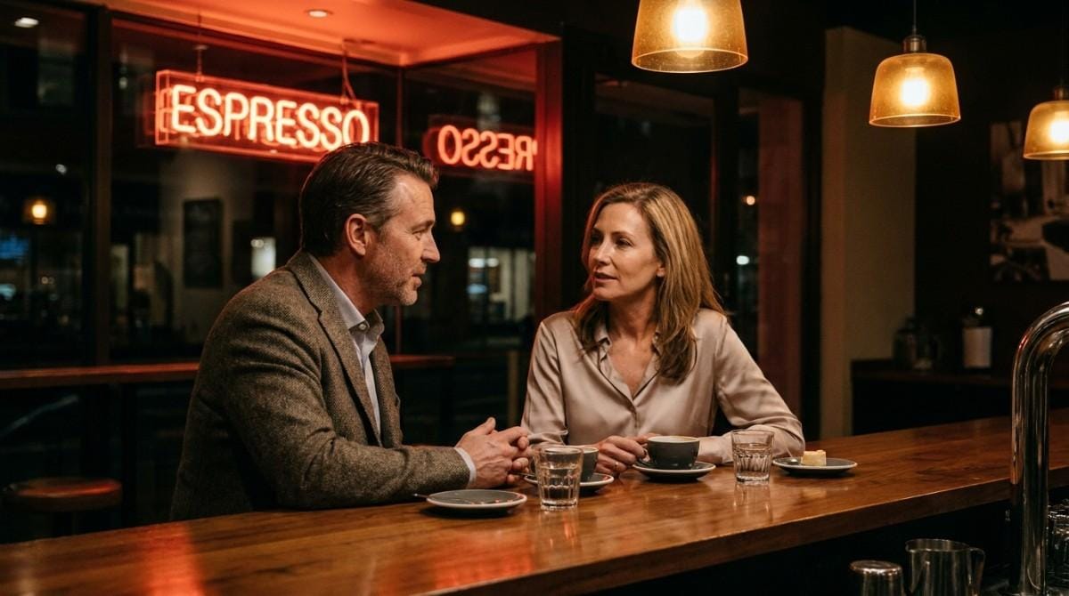 Two people having a thoughtful conversation over coffee in a warmly lit café.