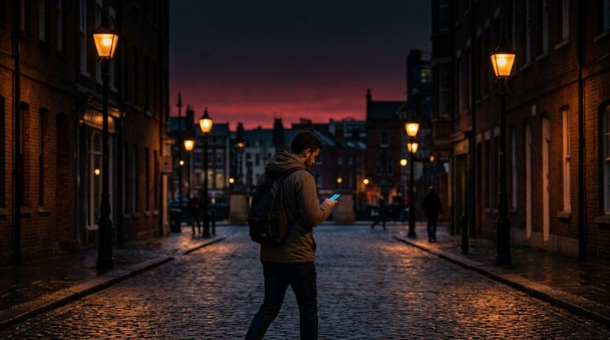 Person standing on a quiet city street at dusk while checking a smartphone.