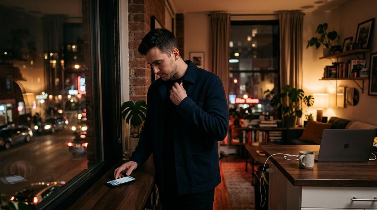 Man standing by a window at night looking at his phone in a warmly lit apartment.