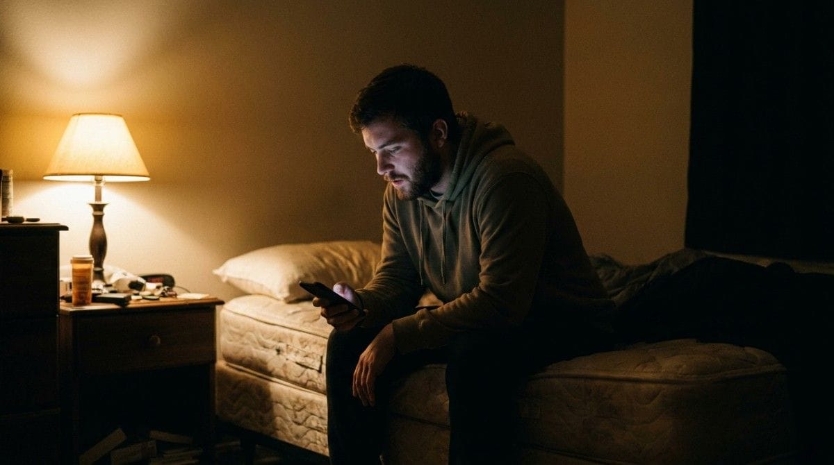 Man sitting on the edge of a bed at night reading his smartphone in a dimly lit bedroom.