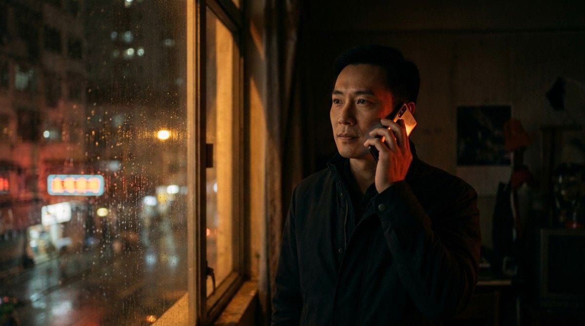 Man talking on a smartphone while standing beside a rain-covered window at night.