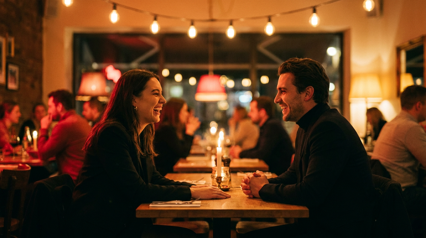 Two people smiling across a candlelit restaurant table during a date in a cozy setting.