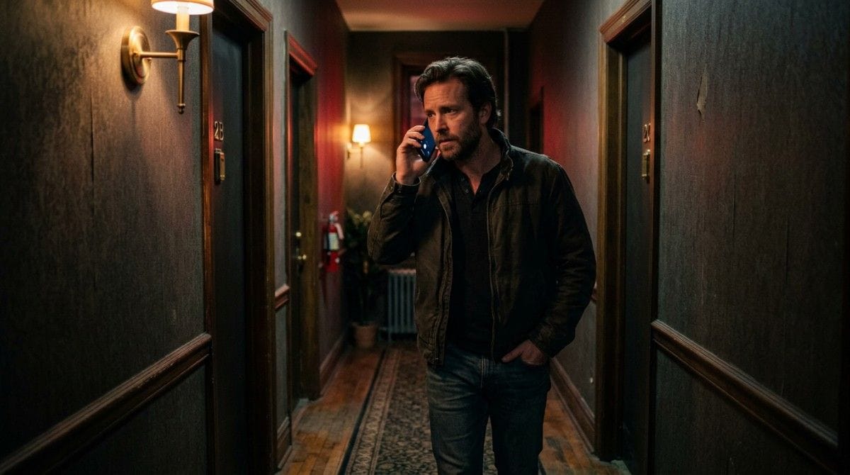 Man walking through an apartment hallway while talking on his smartphone during an evening call.