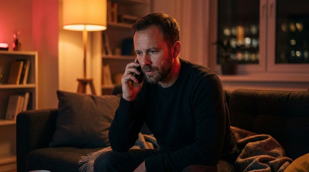 Man sitting on a couch at night having a serious phone conversation in a warmly lit living room.