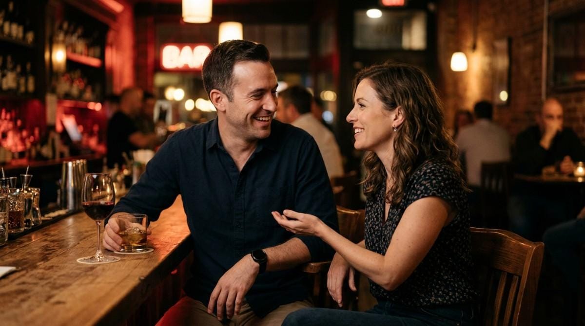Couple smiling and chatting together while seated at a bar during an evening date.
