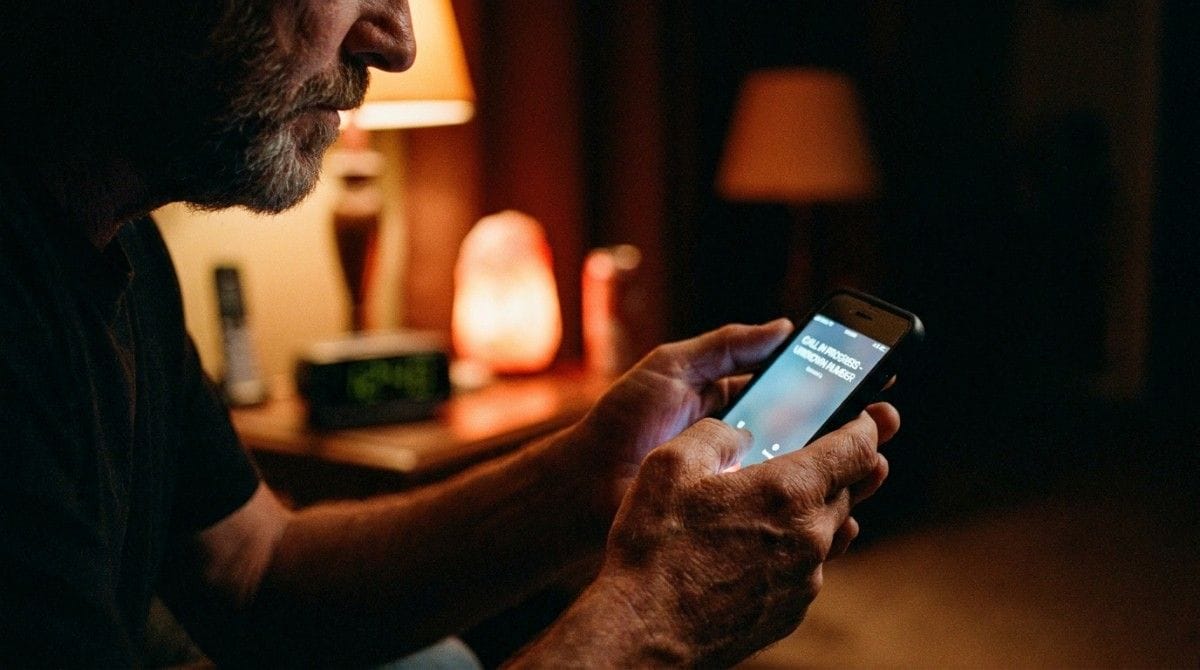 Man checking an incoming phone call on a smartphone in a warmly lit room at night.