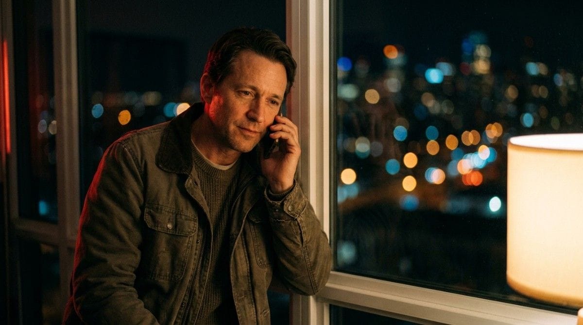 Man talking on a smartphone by a window overlooking a city skyline at night.