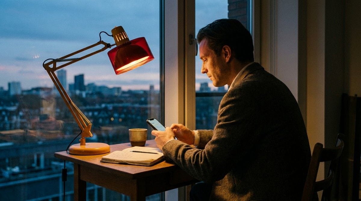 Man reading or messaging on a smartphone at a desk beside a red lamp and window.