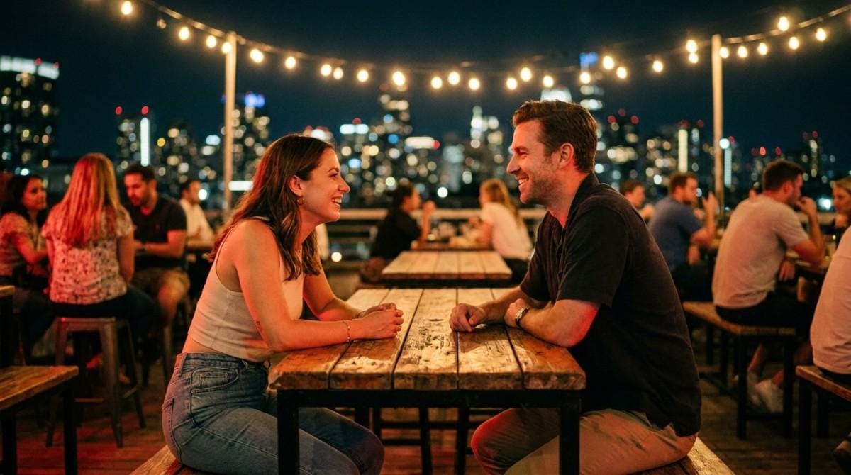 Man and woman smiling and talking across a table on a rooftop restaurant at night.