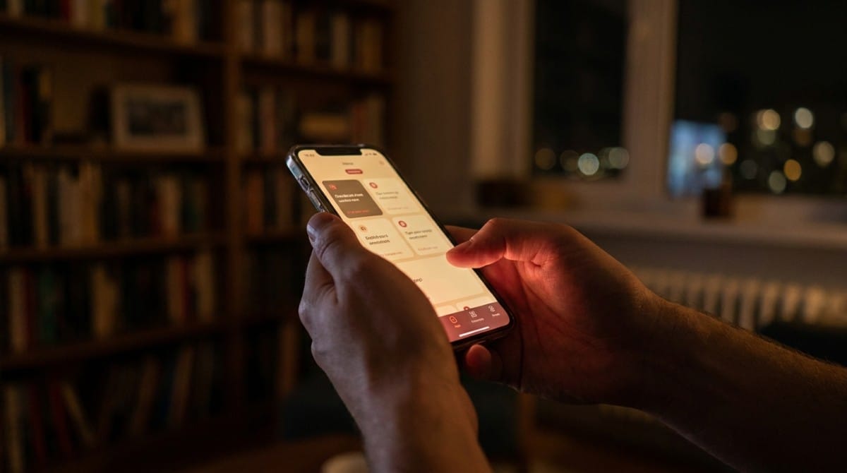 Person using a relationship app on a smartphone in a dimly lit room.
