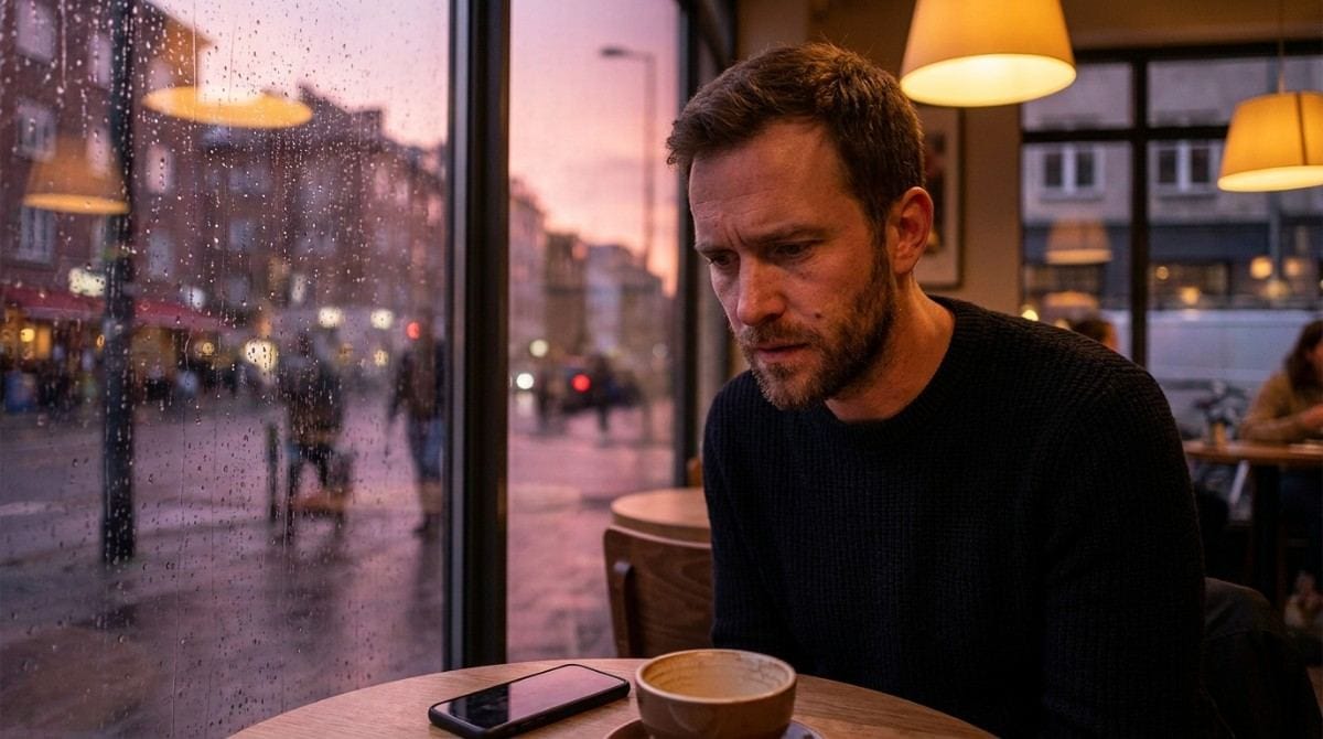 Man sitting alone at a café with coffee and reflecting beside a rainy window.