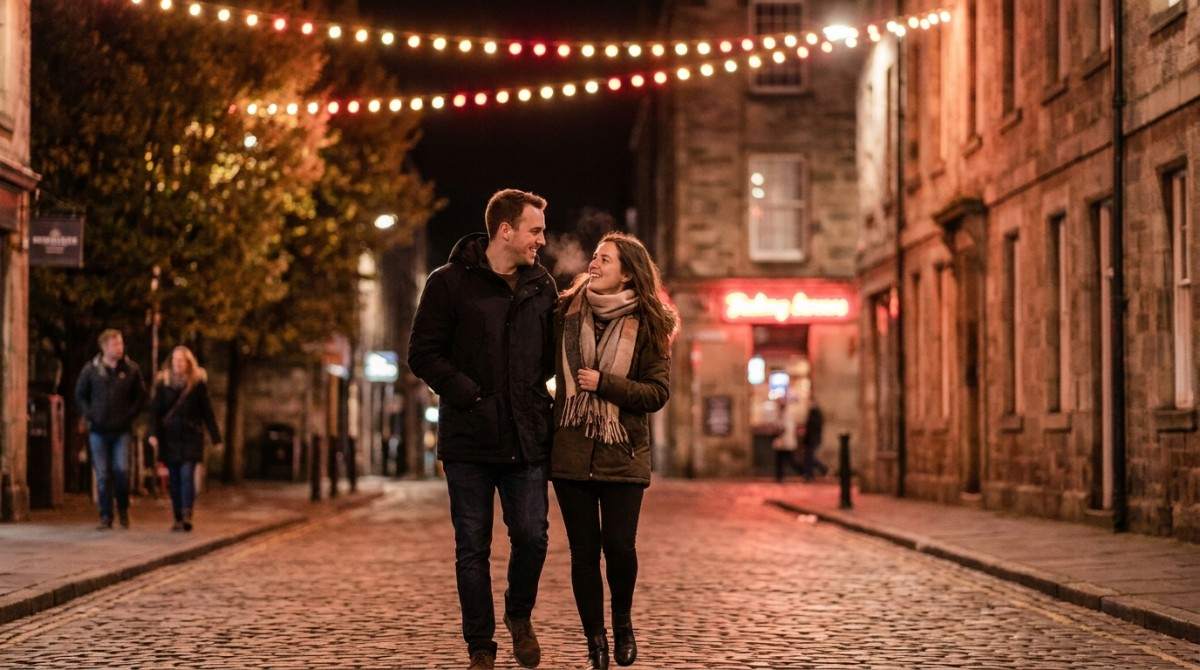 Couple walking together on a city street at night, smiling under string lights.
