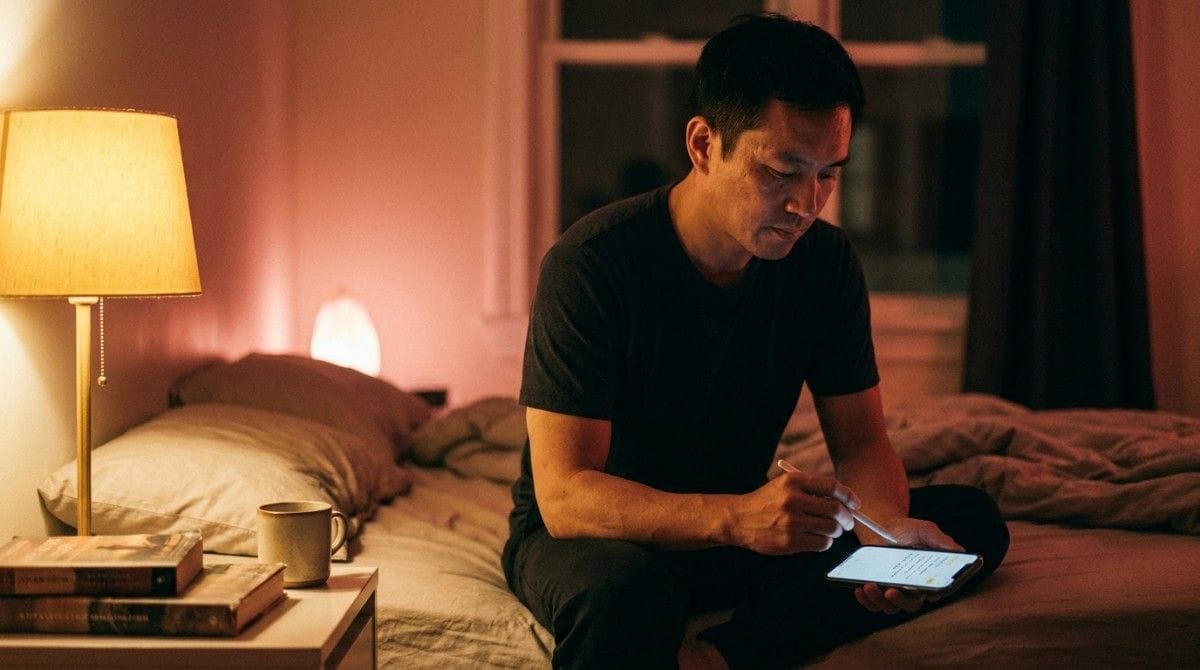 Man sitting on a bed in a warmly lit room and reading from a smartphone.