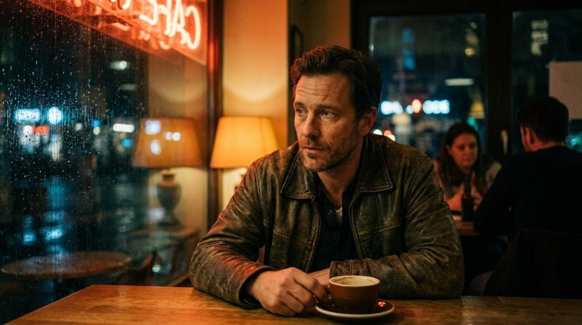 Man sitting alone at a café table with a cup of coffee beside a rain-covered window.
