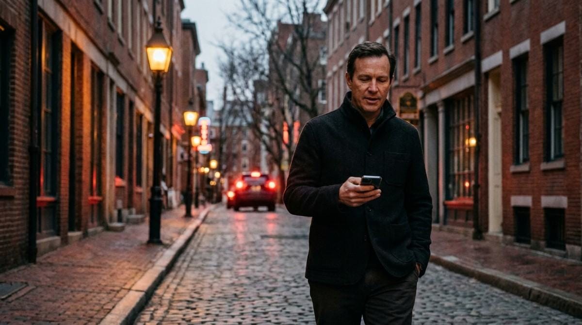 Man walking alone down a cobblestone city street while looking at his phone.