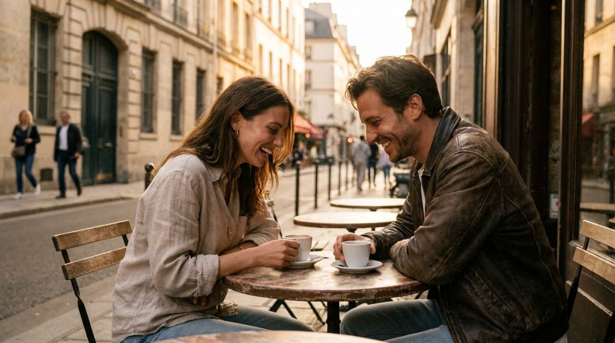 Man and woman smiling and talking over coffee at an outdoor café table on a city street.