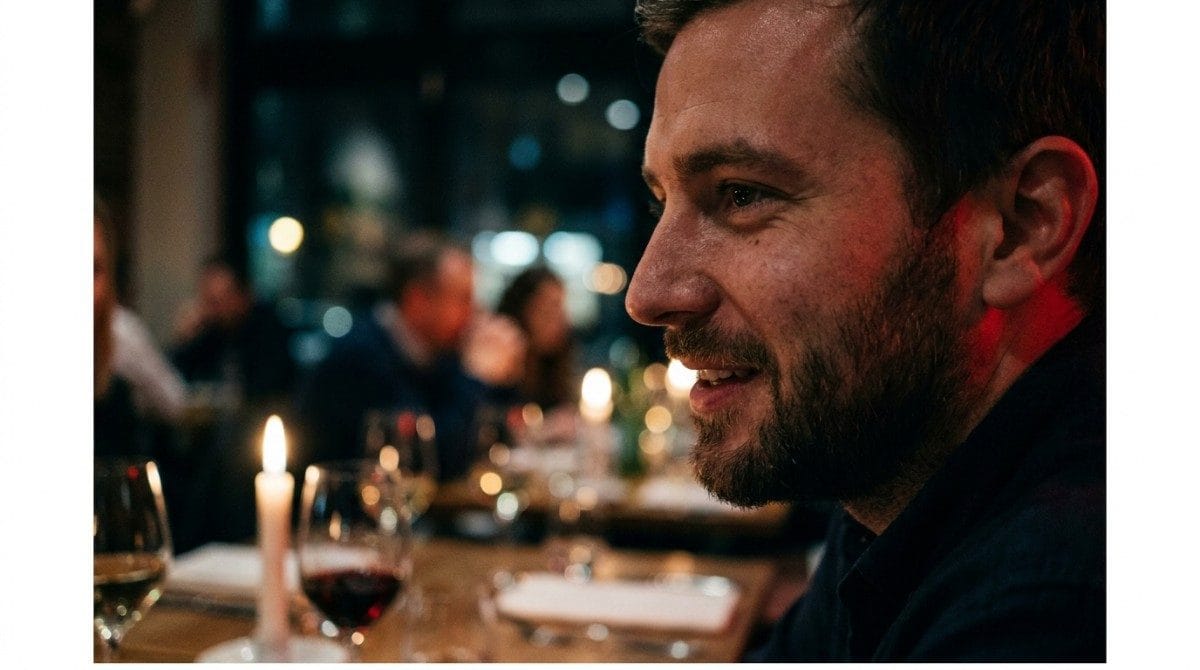 Man smiling and talking with someone at a candlelit restaurant table.