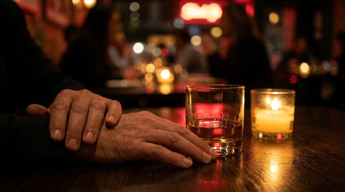 Close-up of a person's hands resting on a wooden bar beside a glass and candle.