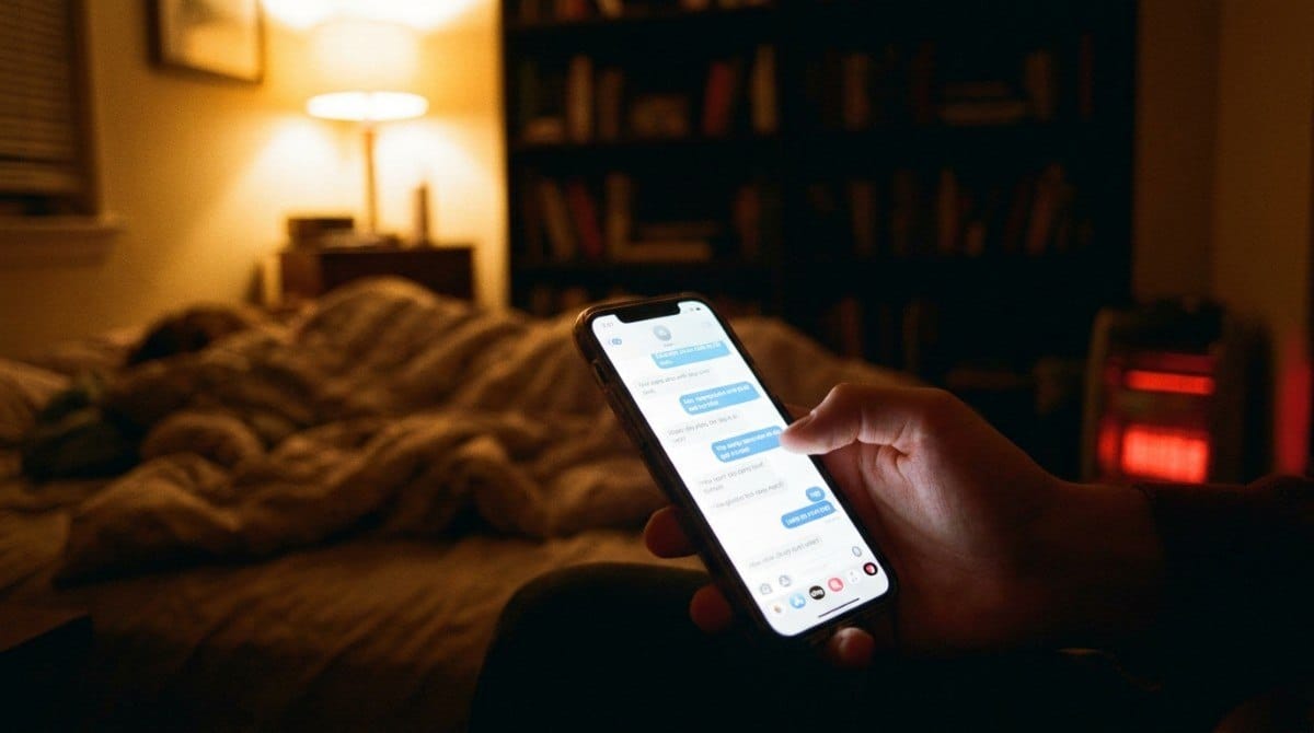 Person holding a smartphone and reading messages while sitting on a bed in a dim room.