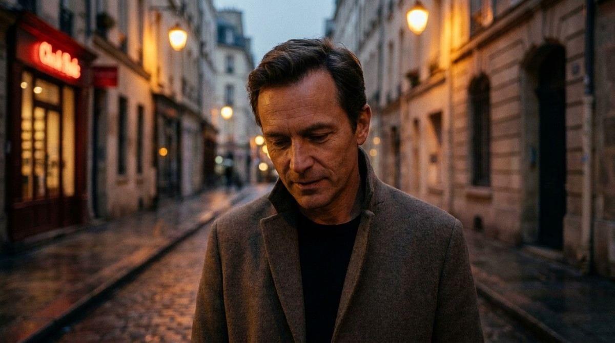 Man in a dark coat walking alone on a wet cobblestone street at dusk.