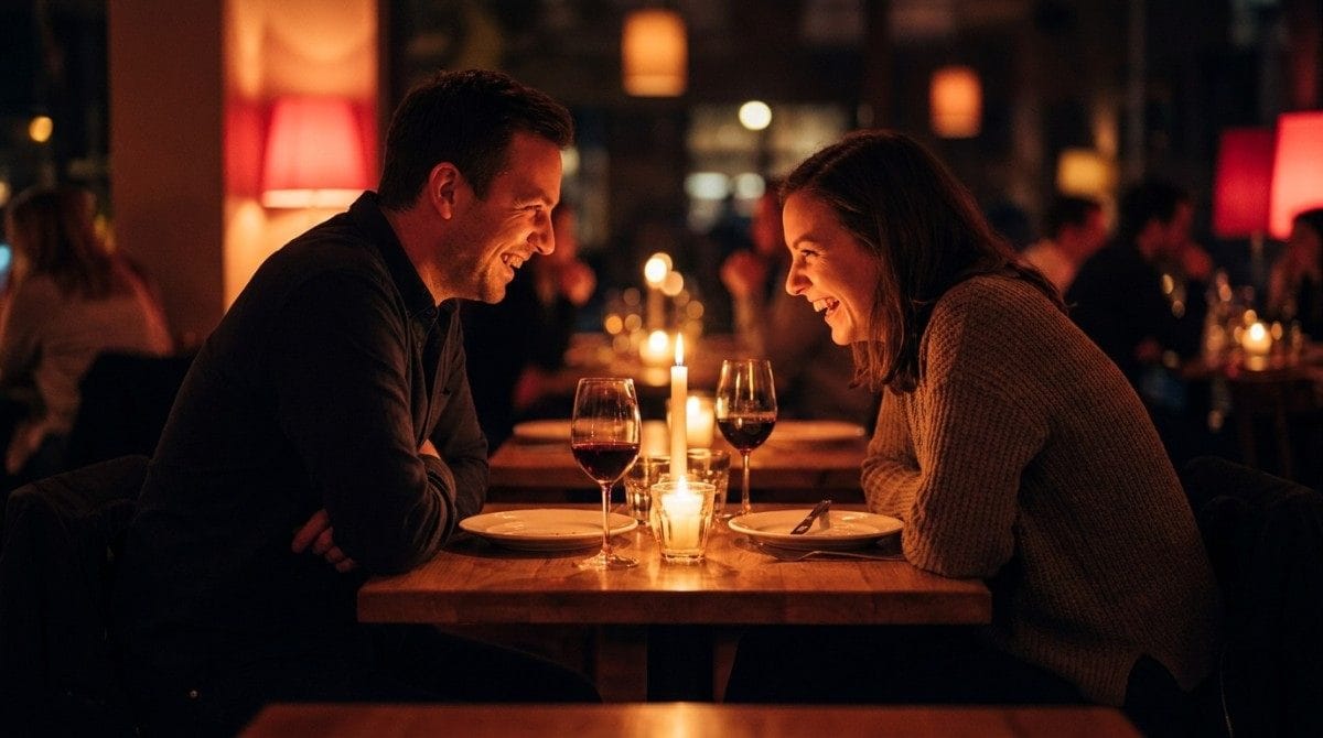 Couple smiling and talking across a candlelit restaurant table with wine glasses.