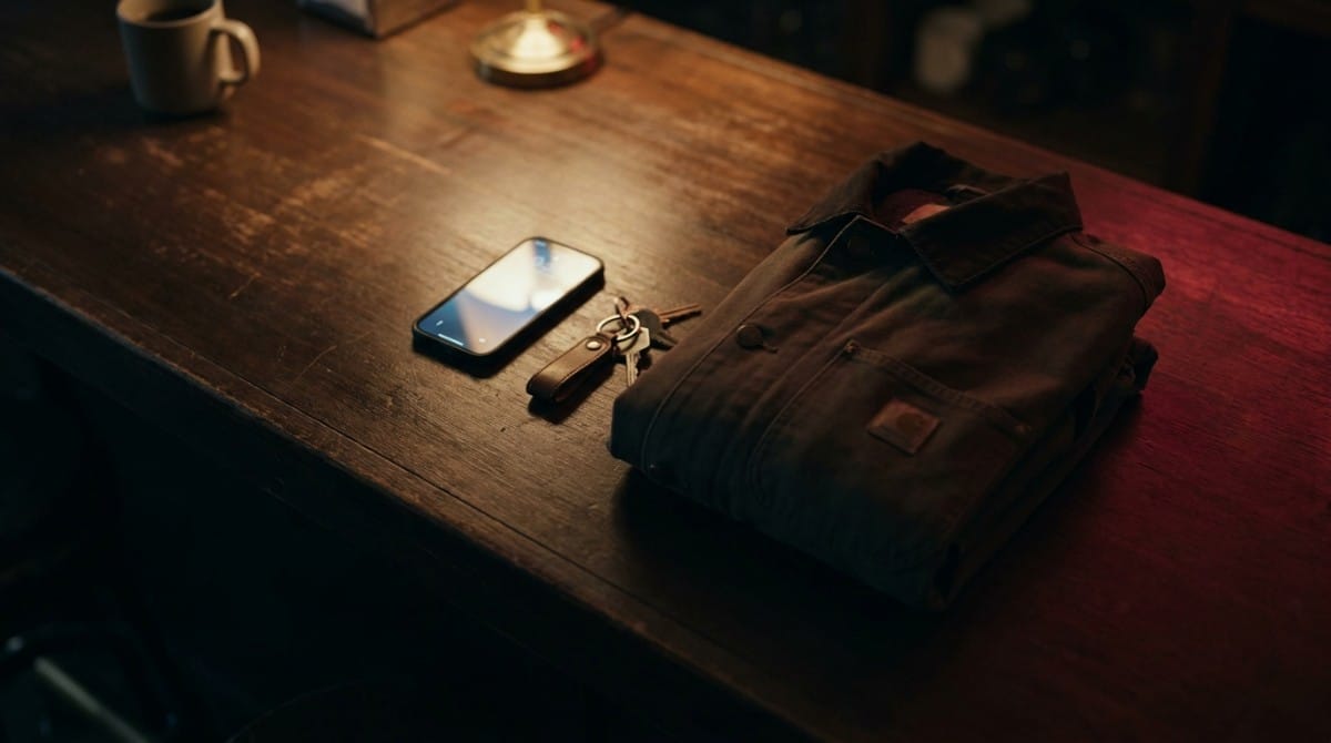 Smartphone, keys, and folded jacket placed on a wooden café table.