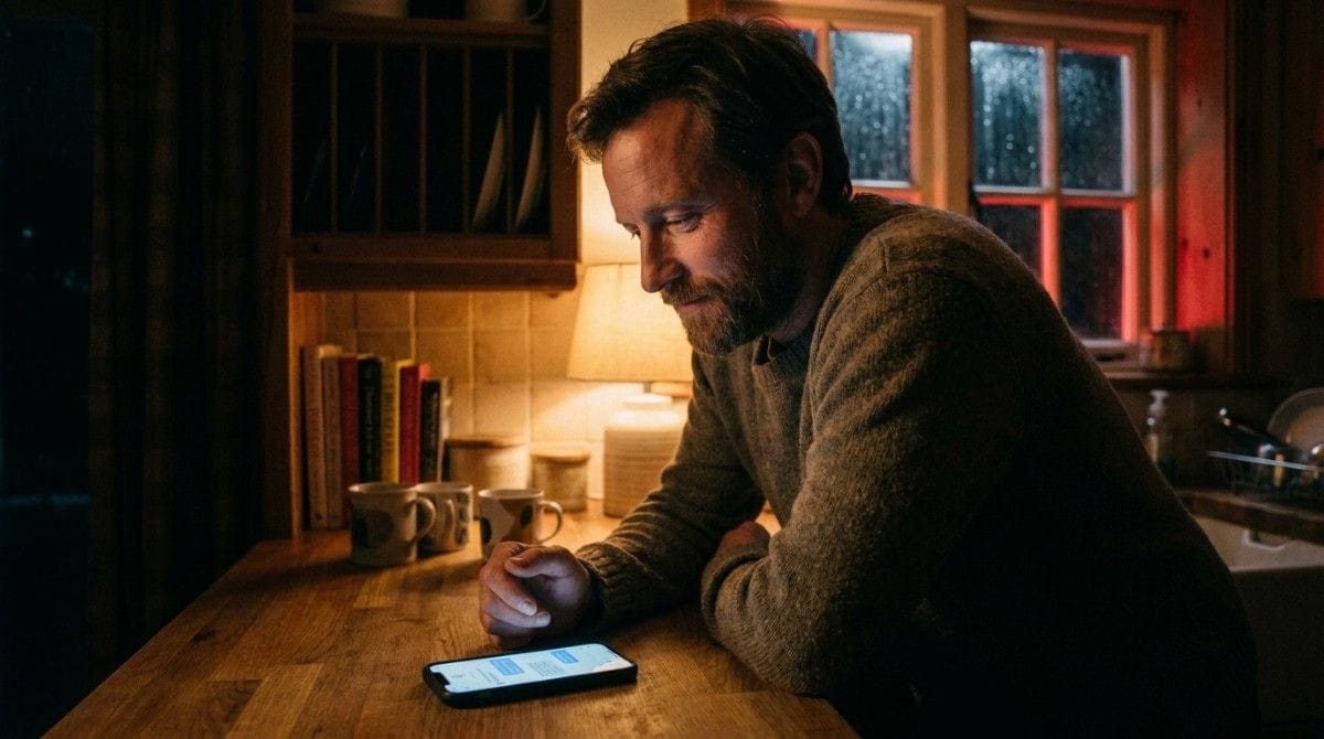 Man sitting at a wooden table and looking at his phone indoors.