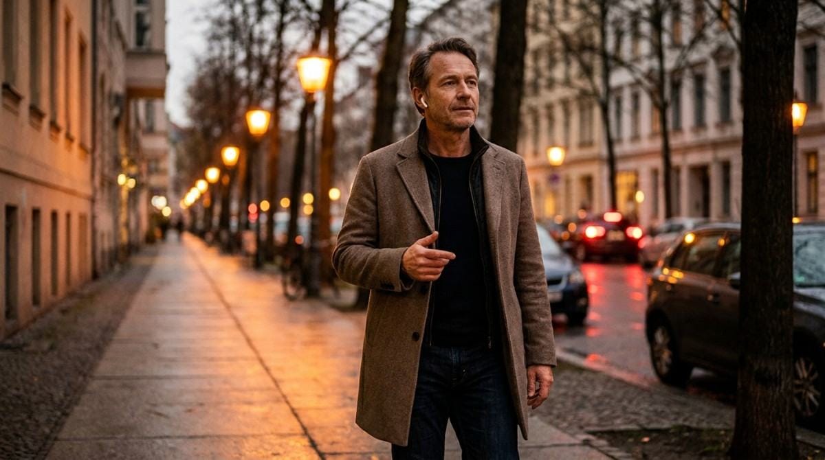 Man walking alone along a city street at dusk in a brown coat.