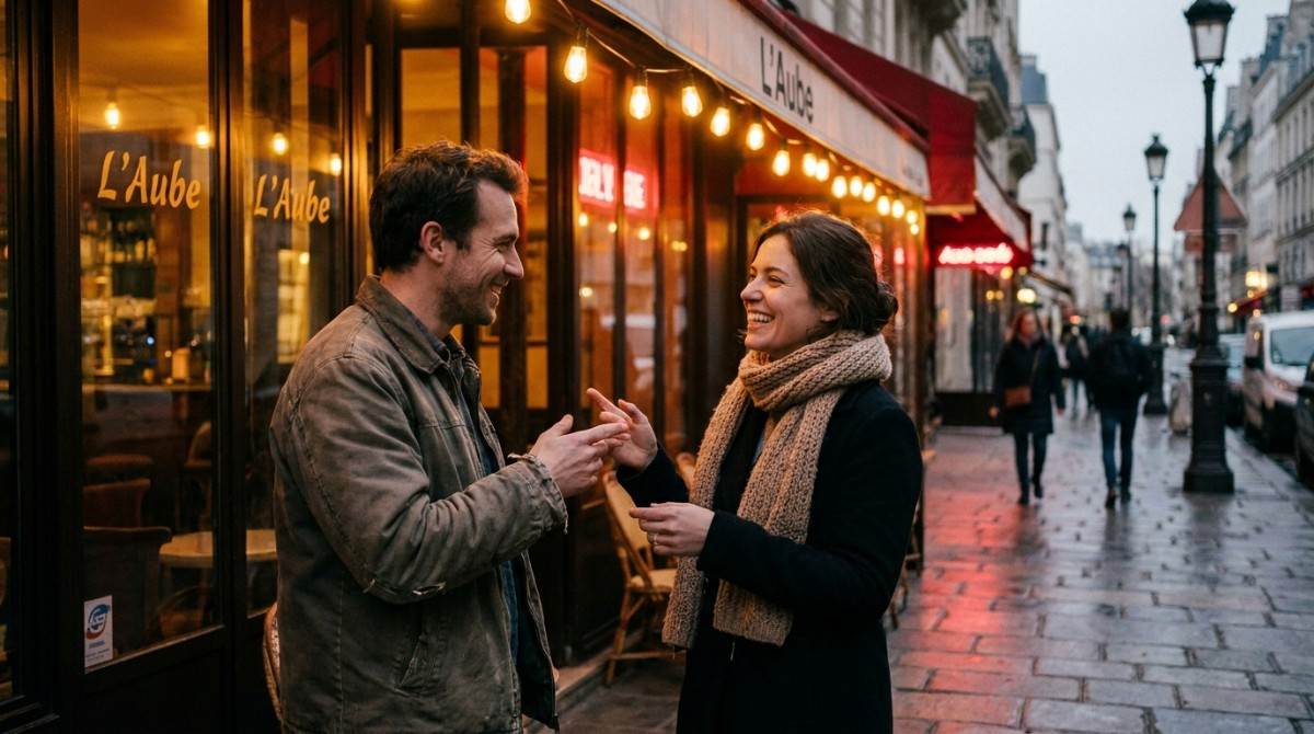 Man and woman smiling and talking outside a café on a city street.