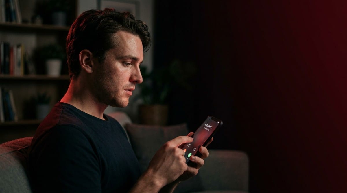 Man sitting on a sofa and looking at his smartphone in a dimly lit room.