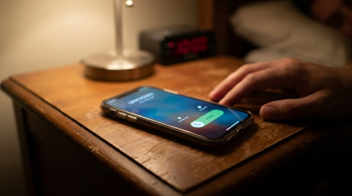 Smartphone showing an incoming call on a wooden bedside table beside a lamp.