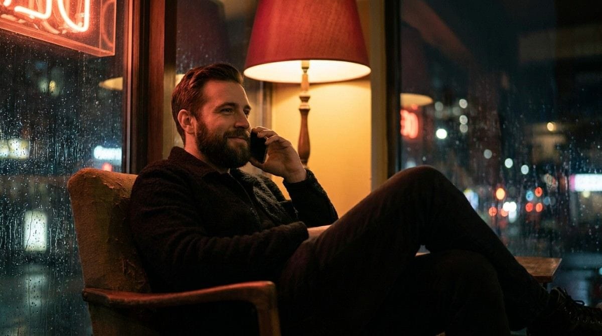 Man talking on his phone in a cozy chair beside a rainy window at night.