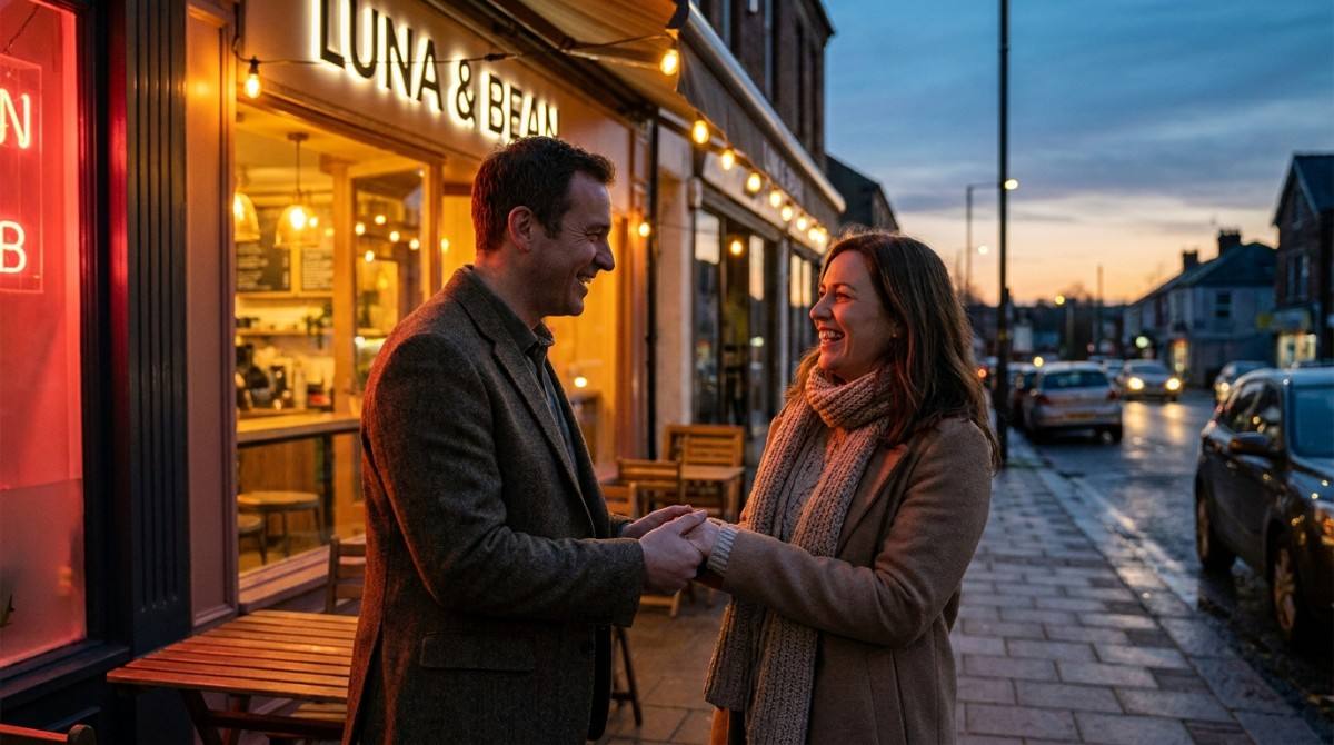 Couple smiling and holding hands outside a café on a city street at dusk.