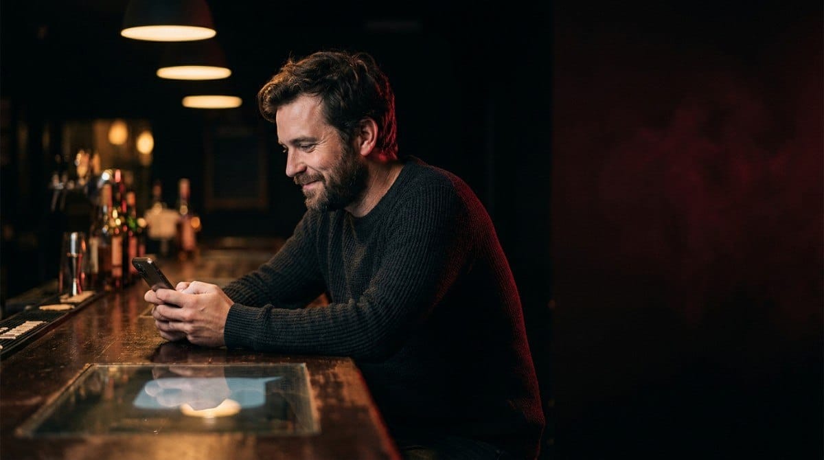 Man smiling while checking his phone at a dimly lit bar.