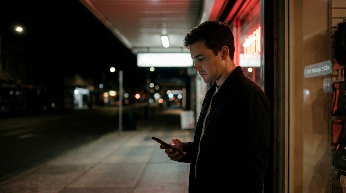 Man checking his phone outside a storefront on a quiet city street at night.