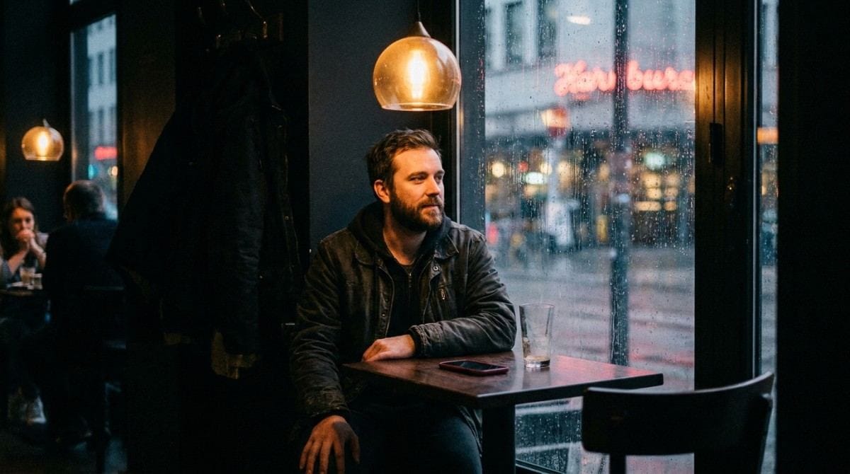 Man sitting by a rainy café window with his phone on the table.