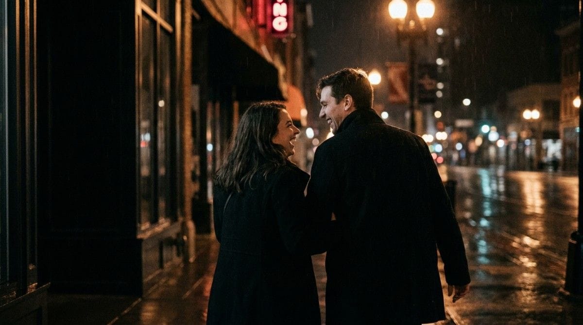 Couple walking and laughing together on a rainy city street at night.