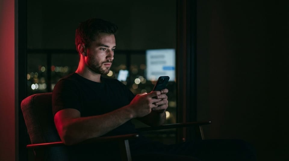 Man sitting alone at table at night looking at phone with serious expression