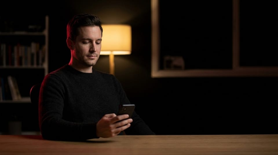 Man sitting at a table indoors looking at his smartphone with soft lighting and a minimalist home office environment at night